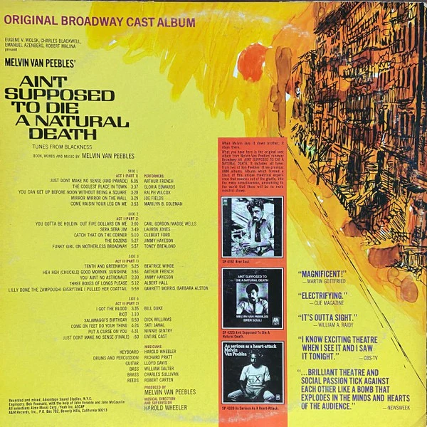 MELVIN VAN PEEBLES, Ain't Supposed To Die A Natural Death (Tunes From Blackness) (Original Broadway Cast Album) (A&M Records; SP 3510, US 1972, Gatefold, Company Inner) 2xLP VG/VG - Image 2