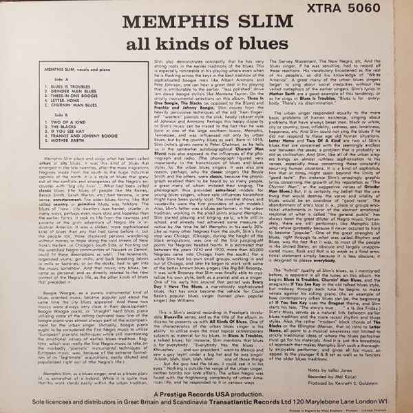 MEMPHIS SLIM, All Kinds Of Blues (XTRA; XTRA 5060, UK 1968 Reissue, Laminated Front Sleeve, Inner) LP VG/G+ - Image 2