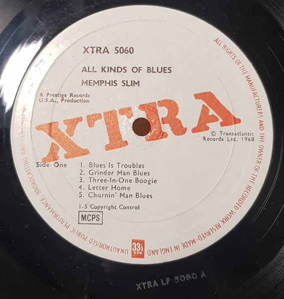 MEMPHIS SLIM, All Kinds Of Blues (XTRA; XTRA 5060, UK 1968 Reissue, Laminated Front Sleeve, Inner) LP VG/G+ - Image 3