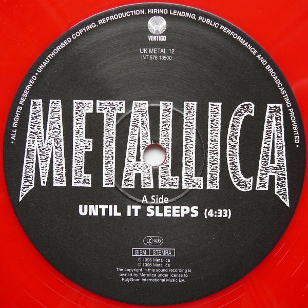 METALLICA, Until It Sleeps (Vertigo; METAL 12, UK & Europe 1996, PVC Bag Sealed with Info Sticker, One-Sided Printed Insert, Red Vinyl, Orlake Pressing) 10" VG/EX - Image 3
