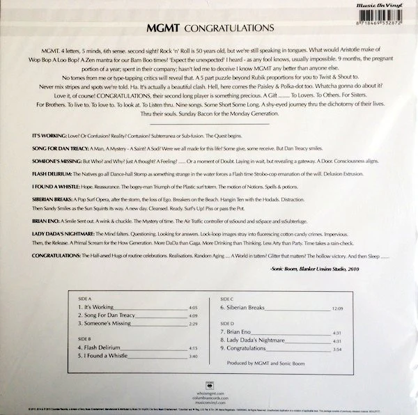 MGMT, Congratulations (Music On Vinyl; MOVLP777, Europe 2014 Reissue, 2 Inners), SALE - Up to 50% Off the Original Price 2xLP NEW/NEW - Image 2