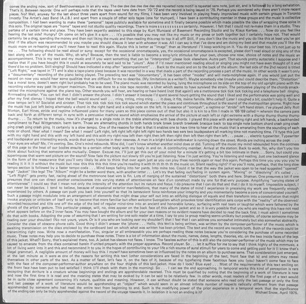 MICHAEL SNOW, Musics For Piano, Whistling, Microphone And Tape Recorder (Chatham Square Productions; LP 1009/10, US 1975, Gatefold) 2xLP G+/VG+ - Image 2
