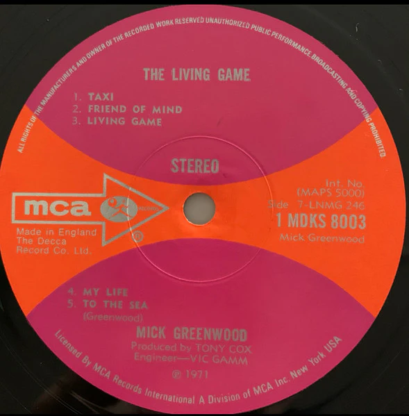 MICK GREENWOOD, Living Game (MCA Records; MDKS 8003, UK 1971, Gatefold) LP VG+/VG+ - Image 2