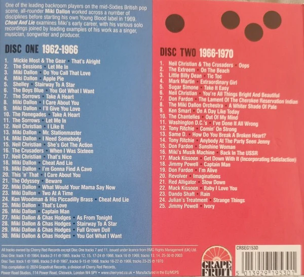 MIKI DALLON, VARIOUS, Cheat And Lie- The Miki Dallon Story 1962-1960 (Grapefruit Records; CRSEG153D, UK 2024, Double Digipak), SALE - Up to 50% Off the Original Price 2xCD VG+/VG+ - Image 2