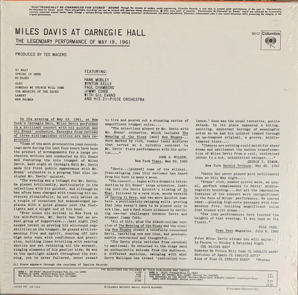 MILES DAVIS, Miles Davis At Carnegie Hall (Columbia; 8612, US 2000s Reissue) LP VG/VG+ - Image 2