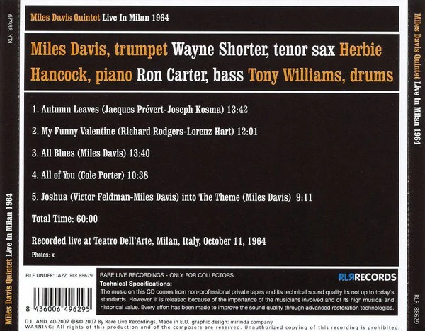 MILES DAVIS QUINTET, Live In Milan 1964 (RLR Records; RLR 88629, Andorra 2007, Jewel Case) CD VG+/VG+ - Image 2