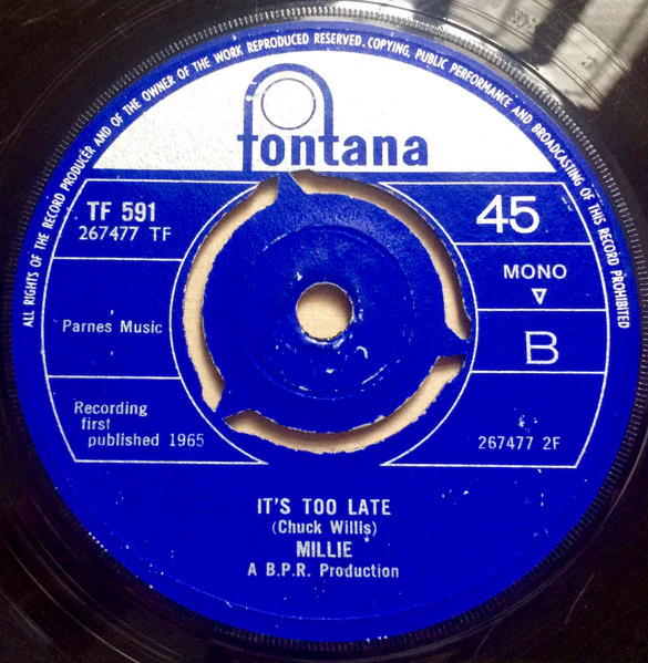 MILLIE, My Street/ It's Too Late (Fontana; TF 591, UK 1965, Company Sleeve, 3-Prong Centre) 7" VG+/EX - Image 2