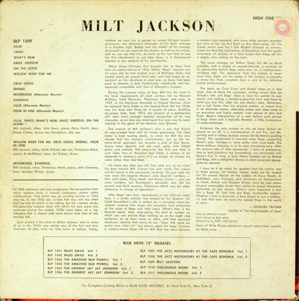 MILT JACKSON WITH JOHN LEWIS, PERCY HEATH, KENNY CLARKE, LOU DONALDSON AND THE THELONIOUS MONK QUINTET, Milt Jackson With John Lewis, Percy Heath, Kenny Clarke, Lou Donaldson And The Theloni LP VG/VG+ - Image 2