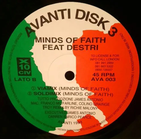 MINDS OF FAITH FEAT DESTRI, Love Bizzare (Remix) (Avanti; AVA 003, Italy 1993, Plain Sleeve) 12" /VG - Image 2