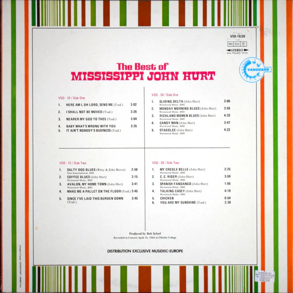 MISSISSIPPI JOHN HURT, The Best Of Mississippi John Hurt (Vanguard; VSD 19/20, France Reissue, Gatefold) LP VG/VG+ - Image 2