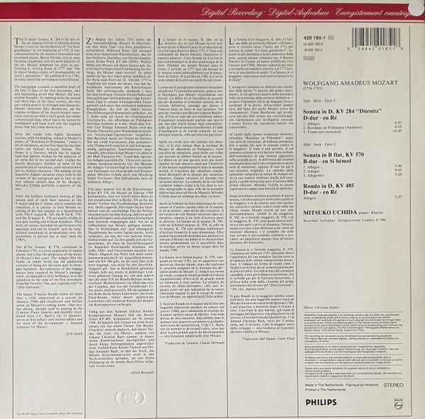MITSUKO UCHIDA, Mozart: Piano Sonatas KV 284 & 570; Rondo KV 485 (Philips; 420 185-1, Europe 1987) LP VG/VG - Image 2