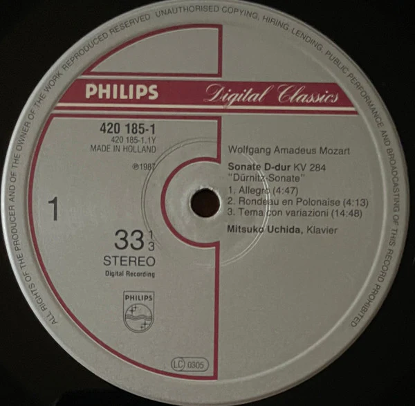 MITSUKO UCHIDA, Mozart: Piano Sonatas KV 284 & 570; Rondo KV 485 (Philips; 420 185-1, Europe 1987) LP VG/VG - Image 3