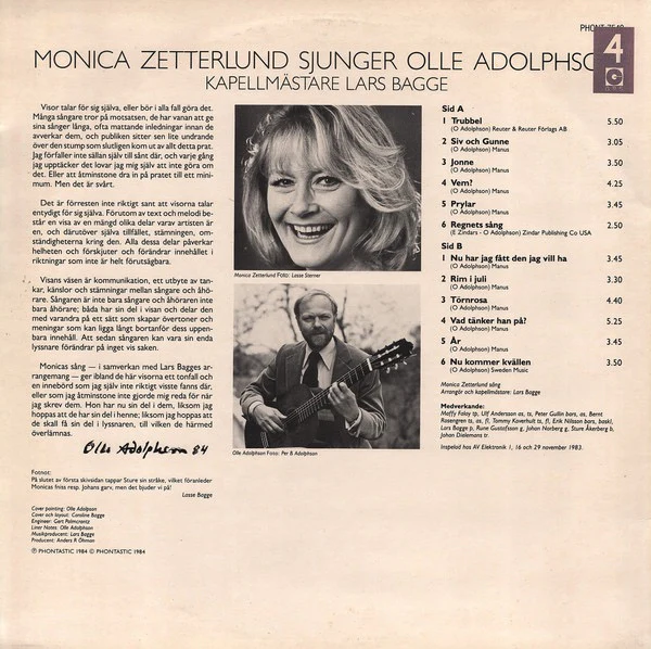 MONICA ZETTERLUND, Monica Zetterlund Sjunger Olle Adolphson (Phontastic; PHONT 7549, Sweden 1984), SALE - Up to 50% Off the Original Price LP VG/VG+ - Image 2