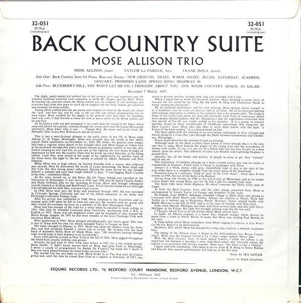 MOSE ALLISON, Back Country Suite For Piano, Bass And Drums (Esquire; 32-051, UK 1958, Laminated Flipback Sleeve, Company Inner, Mono, Ralph Steadman Album Art) LP G+/G+ - Image 2