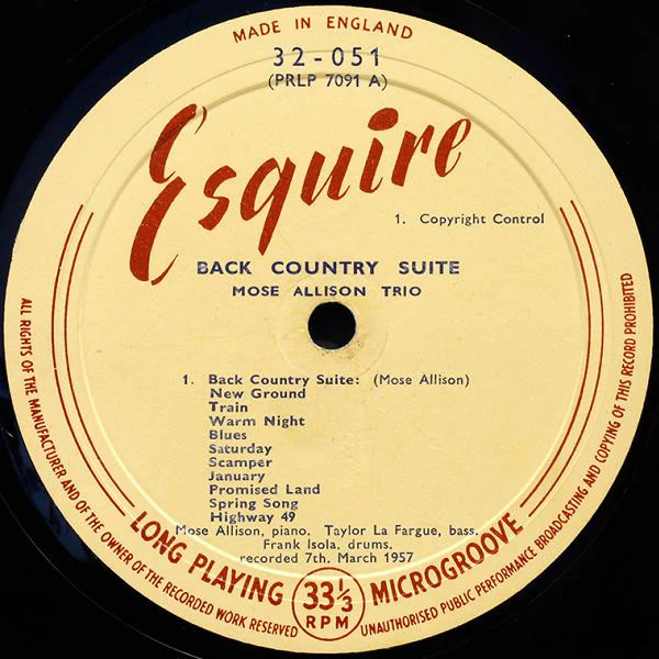 MOSE ALLISON, Back Country Suite For Piano, Bass And Drums (Esquire; 32-051, UK 1958, Laminated Flipback Sleeve, Company Inner, Mono, Ralph Steadman Album Art) LP G+/G+ - Image 3