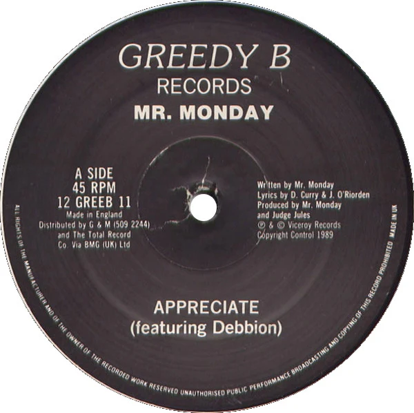 MR. MONDAY, Appreciate / Keep On (Greedy Beat Records ; 12 GREEB 11, UK 1990) 12" /VG