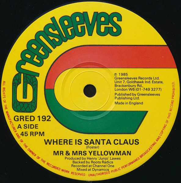 MR YELLOWMAN & MRS YELLOWMAN / MICHAEL PALMER, Where Is Santa Claus / Happy Merry Christmas (Greensleeves Records; GRED 192, UK 1985, Company Sleeve) 12" G/VG - Image 3