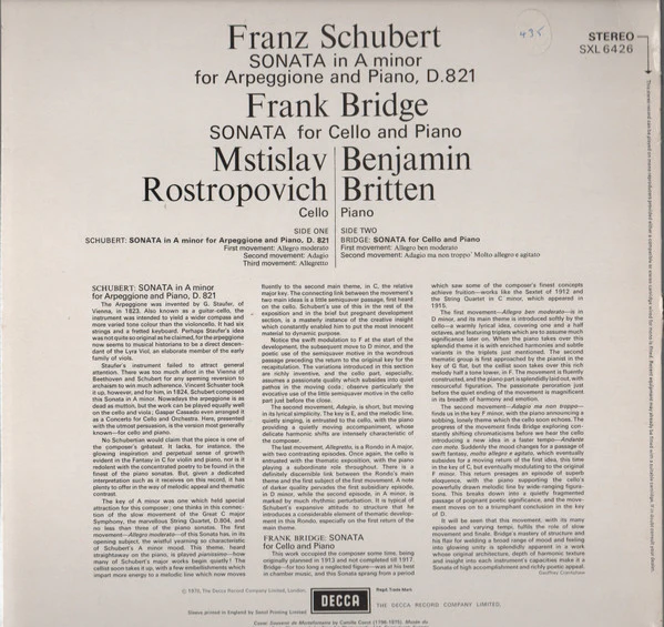 MSTISLAV ROSTROPOVICH AND BENJAMIN BRITTEN, Schubert: Sonata For Arpeggione And Piano / Bridge: Sonata For Cello And Piano (Decca Black Boxed Narrowband; SXL 6426, UK 1977 Reissue, Laminated LP VG+/VG+ - Image 2