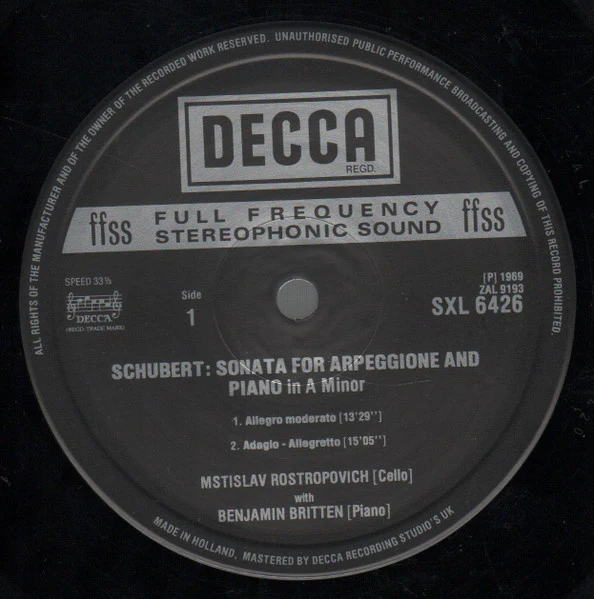 MSTISLAV ROSTROPOVICH AND BENJAMIN BRITTEN, Schubert: Sonata For Arpeggione And Piano / Bridge: Sonata For Cello And Piano (Decca Black Boxed Narrowband; SXL 6426, UK 1977 Reissue, Laminated LP VG+/VG+ - Image 3