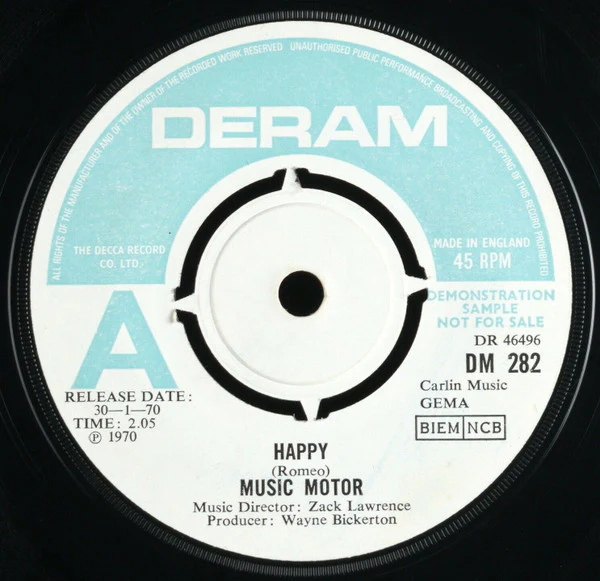 MUSIC MOTOR, Happy / Where Am I Going (Deram; DM 282, UK 1970, Promo, Company Sleeve) 7" G+/VG