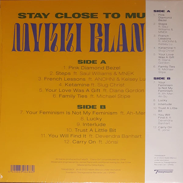 MYKKI BLANCO, Stay Close To Music (Transgressive Records; TRANS580X,  2022, Inner, With Obi, Clear Vinyl, Stage Name of Poet, Michael David Quattlebaum, Jr.) LP EX/EX - Image 2