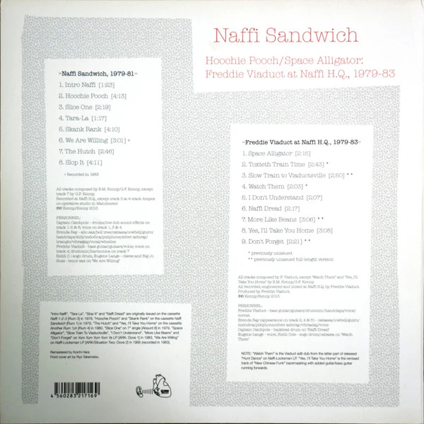 NAFFI SANDWICH, Hoochie Pooch/Space Alligator: Freddie Viaduct at Naffi H.Q., 1979-83 (EM Records ; EM1116LP, Japan 2013, Inner) LP VG+/VG - Image 2
