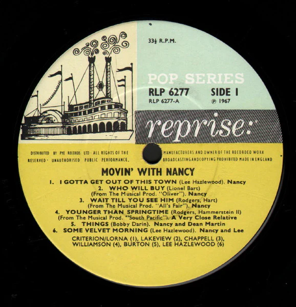 NANCY SINATRA, Movin' with Nancy (Reprise Blue & Yellow Riverboat; RLP6277, UK 1968, Laminated Flipback Sleeve, Mono) LP VG/VG - Image 3
