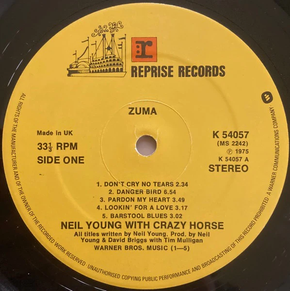 NEIL YOUNG WITH CRAZY HORSE, Zuma (Reprise Records Steamboat Labels With Warner Logo In Rim Text And Made In UK; K54057, UK 1975, Inner & Insert, Allen A Side Runout) LP VG/G+ - Image 3