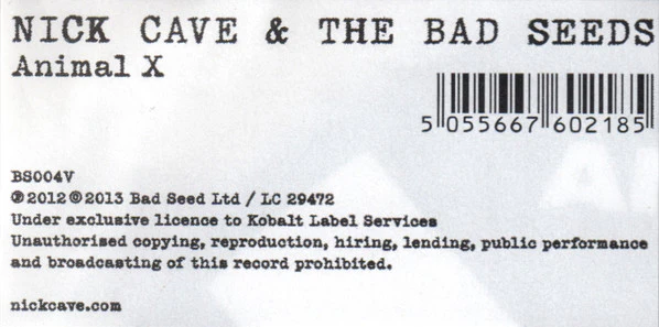 NICK CAVE & THE BAD SEEDS, Animal X (Bad Seed Ltd.; BS004V, UK 2013, Stickered Plastic Sleeve, Limited Edition Picture Disc, Record Store Day 2013) 7" VG/G+ - Image 3