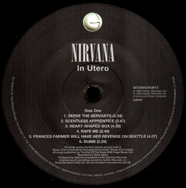 NIRVANA, In Utero (Geffen Records; 0720642453612, Europe 2015 Reissue, Inner, 180 Gram Vinyl) LP VG+/EX - Image 3