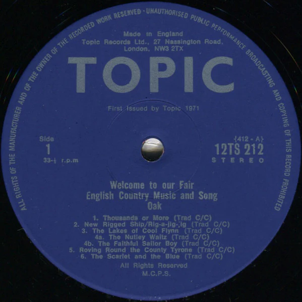 OAK, Welcome To Our Fair (Topic Records; 12TS212, UK 1971, Laminated Sleeve) LP VG/EX - Image 2