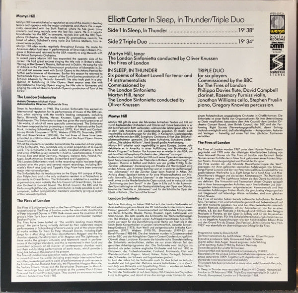 OLIVER KNUSSEN, LONDON SINFONIETTA, MARTYN HILL, Carter: In Sleep, In Thunder / Triple Duo (Wergo; WER 60124, Germany 1985, Signed by Elliott Carter in Marker Pen on Front Sleeve) LP VG+/VG+ - Image 2
