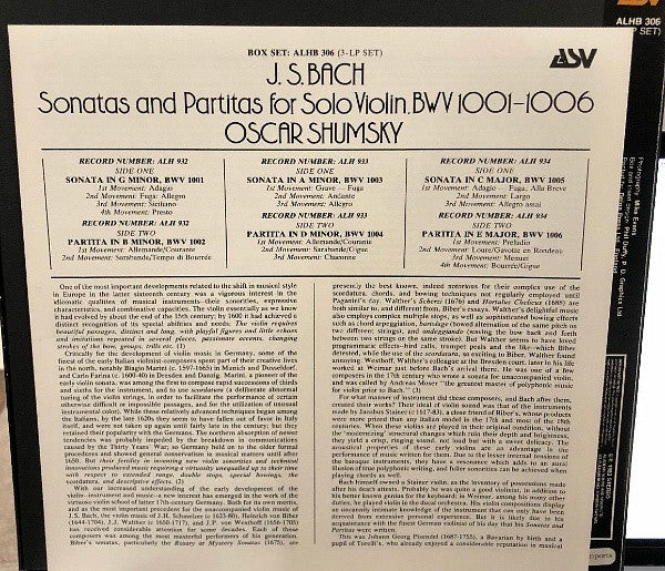 OSCAR SHUMSKY, Bach: The Complete Sonatas And Partitas For Solo Violin (ASV; ALHB 306, UK 1983, Box Set, Booklet) 3xLP VG/VG+ - Image 2