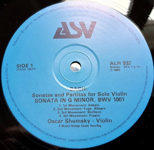 OSCAR SHUMSKY, Bach: The Complete Sonatas And Partitas For Solo Violin (ASV; ALHB 306, UK 1983, Box Set, Booklet) 3xLP VG/VG+ - Image 3