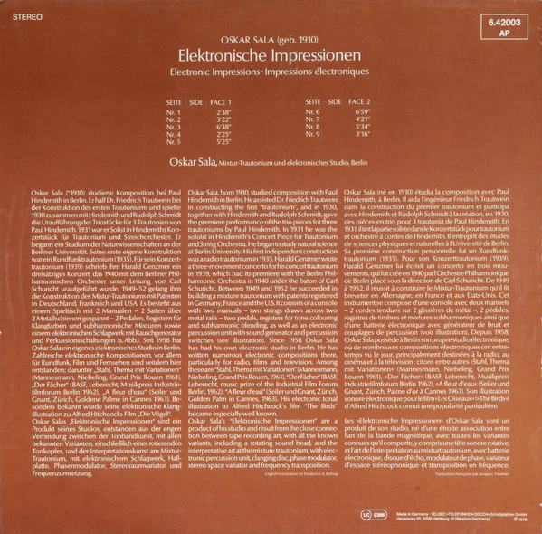 OSKAR SALA, Elektronische Impressionen (Telefunken; 6.42003AP, Germany 1979), SALE - Up to 50% Off the Original Price  LP VG+/EX - Image 2