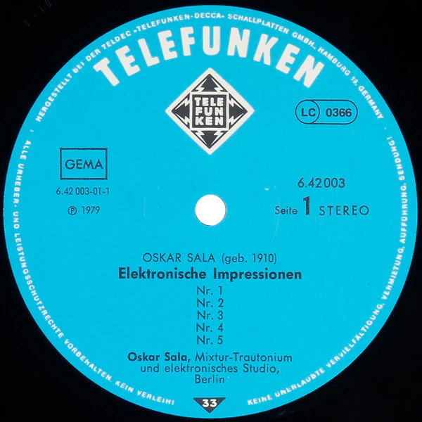OSKAR SALA, Elektronische Impressionen (Telefunken; 6.42003AP, Germany 1979), SALE - Up to 50% Off the Original Price  LP VG+/EX - Image 3
