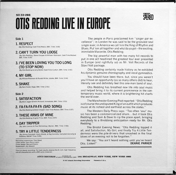 OTIS REDDING, Otis Redding Live In Europe (ATCO Records; SD 33-286, US Reissue, Company Inner) LP VG+/VG+ - Image 2
