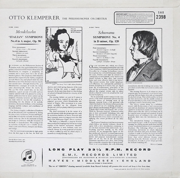 OTTO KLEMPERER, PHILHARMONIA ORCHESTRA, Mendelssohn: Italian Symphony / Schumann: Symphony No.4 (Columbia Light Blue and Silver Inteference Pattern Label; SAX 2398, UK 1961, Laminated Flipba LP VG/VG - Image 2
