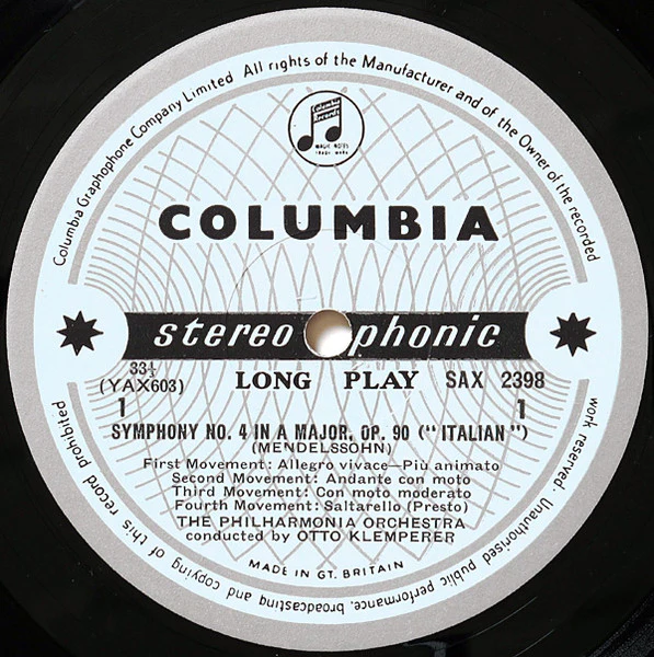 OTTO KLEMPERER, PHILHARMONIA ORCHESTRA, Mendelssohn: Italian Symphony / Schumann: Symphony No.4 (Columbia Light Blue and Silver Inteference Pattern Label; SAX 2398, UK 1961, Laminated Flipba LP VG/VG - Image 3