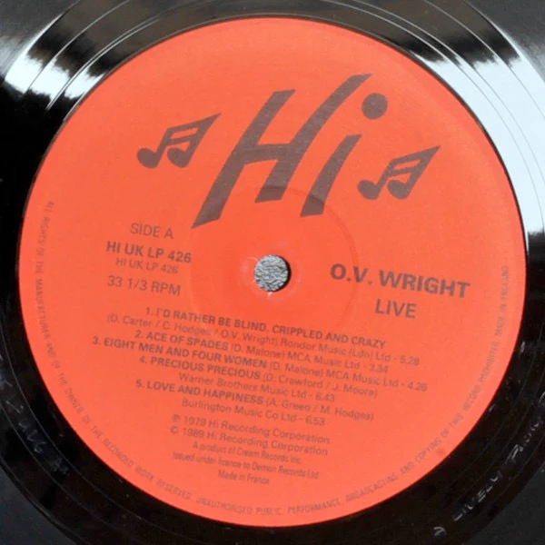 O.V. WRIGHT, Live (Hi; HI UK LP 426, UK 1989) LP VG+/VG - Image 3