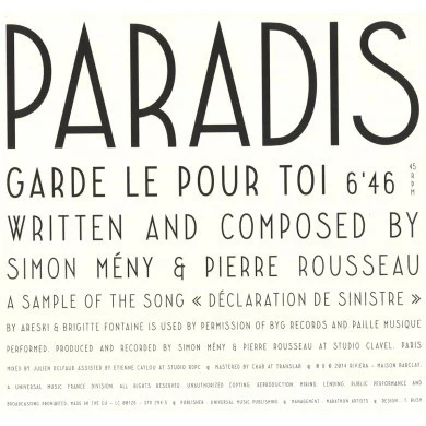 PARADIS, Garde Le Pour Toi (Riviera; 379 294-5, France 2014) 12" VG+/VG+