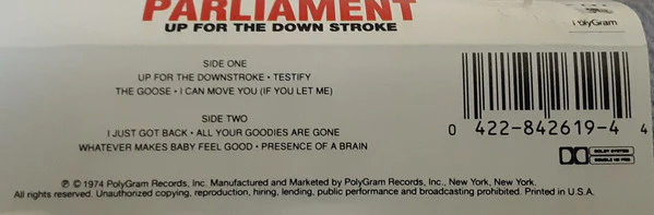 PARLIAMENT, Up For The Down Stroke (Casablanca; 422 842 619-4, US 1990 Reissue, Clear Shell, Dolby HX Pro) Cassette VG+/VG+ - Image 2