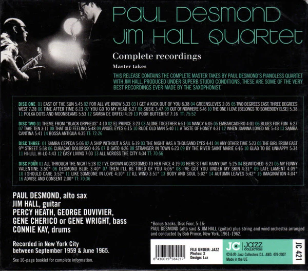 PAUL DESMOND JIM HALL QUARTET, Complete Recordings (Jazz Collectors; JC 421, Europe 2007, Box Set) 4xCD VG+/VG+ - Image 2