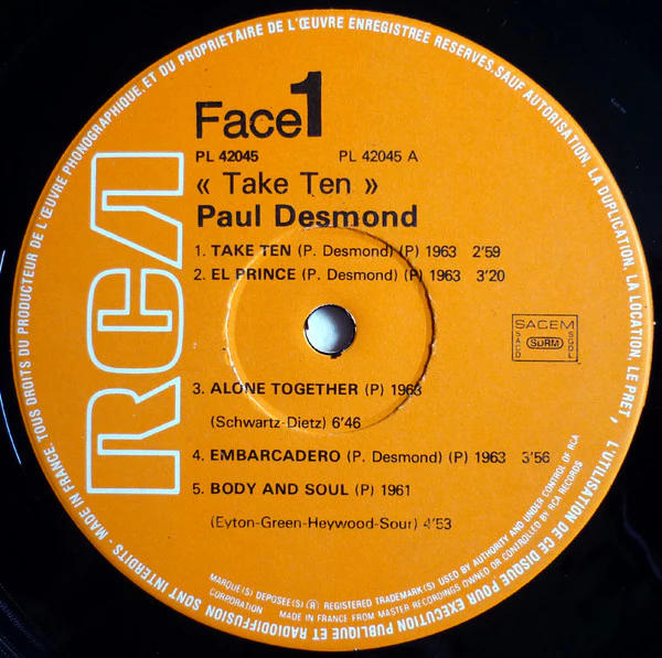 PAUL DESMOND, Take Ten (RCA; PL 42045, France 1977 Reissue, Gatefold) LP VG+/VG - Image 3
