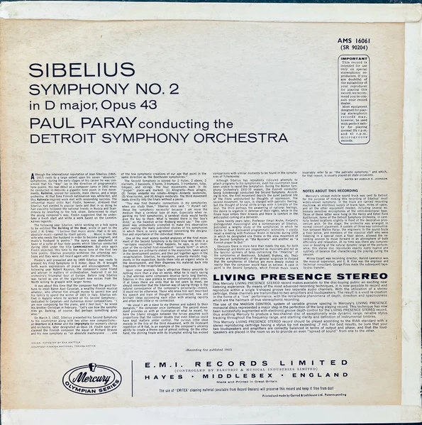 PAUL PARAY, DETROIT SYMPHONY, Sibelius: Symphony No. 2 (Mercury Living Presence; AMS 16061, UK ) LP VG/VG - Image 2
