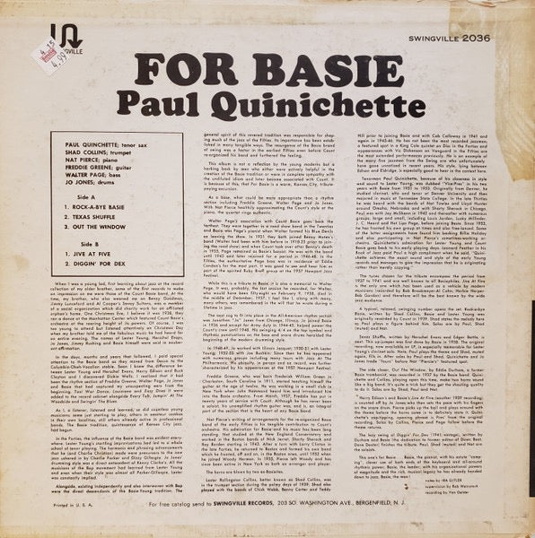 PAUL QUINICHETTE, JO JONES, SHAD COLLINS, NAT PIERCE, WALTER PAGE, FREDDIE GREEN, For Basie (Prestige Swingville; SV 2036, US 1963 Reissue, Pasteback Sleeve, Mono) LP VG/VG - Image 2