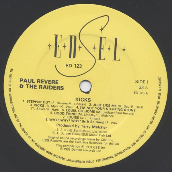 PAUL REVERE & THE RAIDERS, Kicks (Edsel Records; ED 123, UK 1983, 2 Inserts) LP VG+/VG+ - Image 3