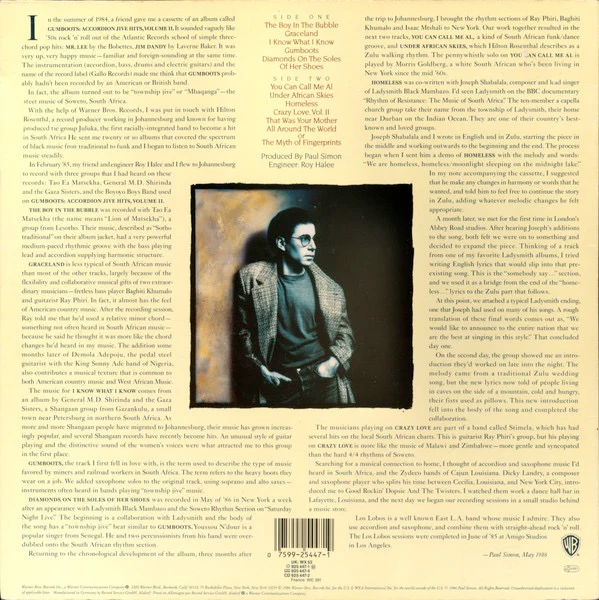 PAUL SIMON, Graceland (Warner Bros. Records; 925 447-1, Europe 1986, Embossed Sleeve, Inner, WX52 At Bottom Of Labels) LP VG/G+ - Image 2