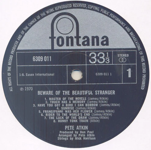 PETE ATKIN, Beware Of The Beautiful Stranger (Fontana; 6309 011, UK 1970, Stereo) LP VG+/VG+ - Image 2