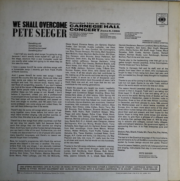 PETE SEEGER, We Shall Overcome (CBS Orange (33 1/3 On Label); 62209, UK 1960s Reissue, Laminated Front Sleeve, Company Inner) LP VG/VG+ - Image 2
